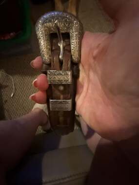 Marcus Hecho En Mexico Western Leather Belt with Ornate Silver Tone Buckle